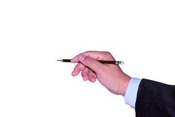 Close up of student, businessman or accountant hand holding pencil working on white background.