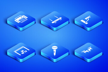 Set Drone flying, Printer, Microphone, Warehouse, Router and wi-fi signal and Security camera icon. Vector