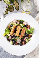 Green leafy salad, tomato, avocado, radishes, olives and tofu fingers. Vegetarian salad. Vegan food photography