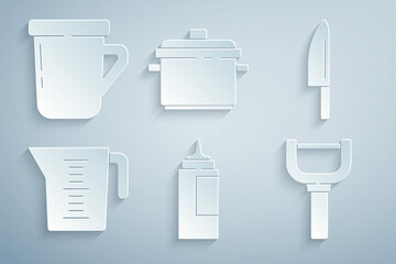 Set Sauce bottle, Knife, Measuring cup, Peeler, Cooking pot and Coffee icon. Vector