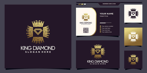 Creative king diamond logo template with golden gradient style color and business card design Premium Vector