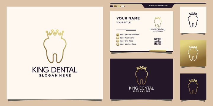 Creative dental and king, crown logo with line art style and business card design Premium Vector