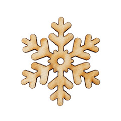 Wooden snowflake star decoration isolated on white background. Concepts of winter holidays, Christmas and New Year. Design element for greeting card, postcard or banner.