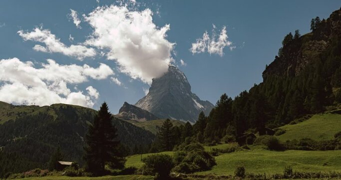 View of banner shaped clouds on Matterhorn peak from Blatten meadows