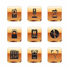 Set Music player, Sound mixer controller, Air headphones in box, Man, and Stereo speaker icon. Vector