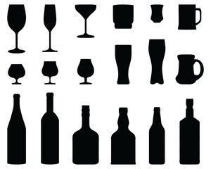 Black silhouettes of  glasses and bottles on a white background