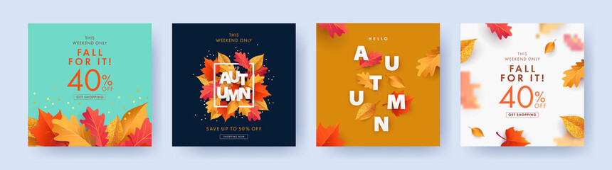 Autumn Sale background, banner, or flyer design. Set of colorful autumn posters with bright beautiful leaves frame, paper cut style letters and lettering. Template for advertising, web, social media