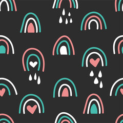 Bohemian hand drawn seamless pattern with rainbow and rain