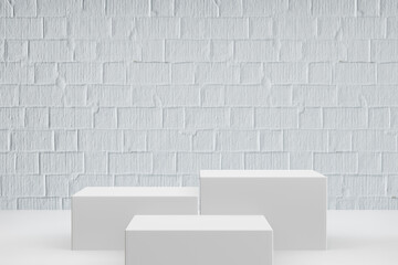 Display product stand, Three White blocks podium on white paint bricks background. 3D rendering illustration