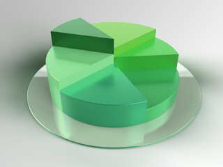 3D rendered piechart with green parts on a glass podium. Illustration of percentage allocation on different levels. 3D render of an inforgraphic. 