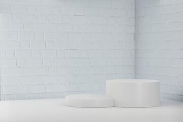Display product stand, Two white block cylinder podium on white paint bricks corner background. 3D rendering illustration
