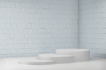 Display product stand, Three white cylinder podium on white paint bricks corner background. 3D rendering illustration