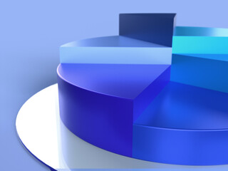 3D pie chart with blue parts on a glass pedestal in focused perspective. Representation of the percentage allocation at different levels. 3D illustration of an infographic. 