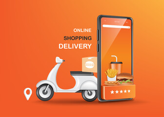 Burgers, sausages, french fries, water cans placed on the smartphone screen And there are scooters or motorcycles for transporting food parked in the back for delivery and shopping online concept