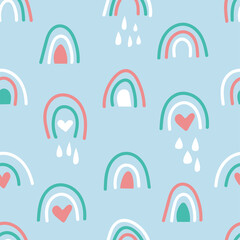 Bohemian hand drawn seamless pattern with rainbow and rain