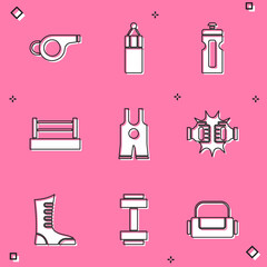 Set Whistle, Punching bag, Fitness shaker, Boxing ring, Wrestling singlet, boxing gloves, Sport shoes and Dumbbell icon. Vector