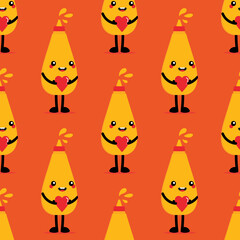 Fototapeta premium Cute smiling cartoon style bottle of mustard character holding in hands red heart vector seamless pattern background.