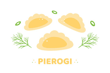 Pierogi, filled dumplings with dill and green onion cute cartoon style vector illustration, icons for food design.