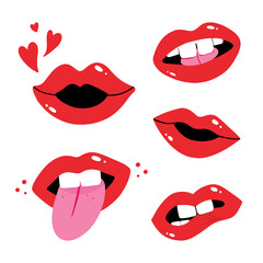 Set, collection of vector red lips, female mouth icons. Open mouths with different emotions, kissing, biting lips, showing tongue, holding pill.