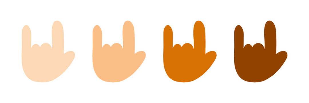 Set, collection of cute cartoon style human hands with different skin colors. Sign language gesture for saying «I love you».