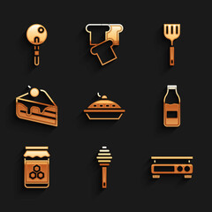 Set Homemade pie, Honey dipper stick, Electronic scales, Bottle with milk, Jar of honey, Piece cake, Spatula and Lollipop icon. Vector