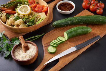 Vegetarian Buddha bowl with fresh vegetable salad and chickpea. Vegetarian and vegan food concept. Healthy eating.