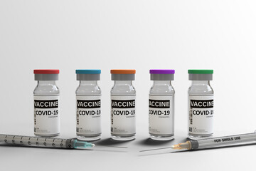3d rendering Coronavirus Vaccine concept with syringe and bottles on White Background of vial with copy space .