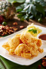 Delicious and refreshing Chinese summer dishes, fried pork slices with sauce