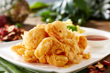 Delicious and refreshing Chinese summer dishes, fried pork slices with sauce