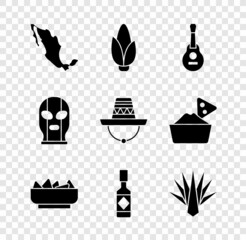 Set Map of mexican, Corn, Mexican guitar, Nachos in bowl, Tabasco sauce, Agave, wrestler and sombrero icon. Vector