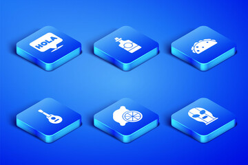 Set Mexican wrestler, Hola, Lemon, guitar, Tequila bottle and Taco with tortilla icon. Vector © vector_v