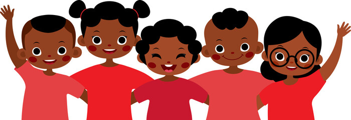 Group of African American children hugging and holding a blank poster. Friendship of girls and boys  African American races. Vector illustration