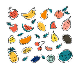 Natural tropical fruits lemon, orange, apples, pineapples doodle. Vegetarian food. A set of vector isolated icons illustrations.