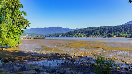 Looking across mudflats at low tide to residences on Pleasantside, BC,  on Burrard Inlet with North Shore Mountains in background.