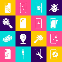 Set Mobile service, Glass screen protector, Smartphone battery charge, System bug, with broken and charging icon. Vector