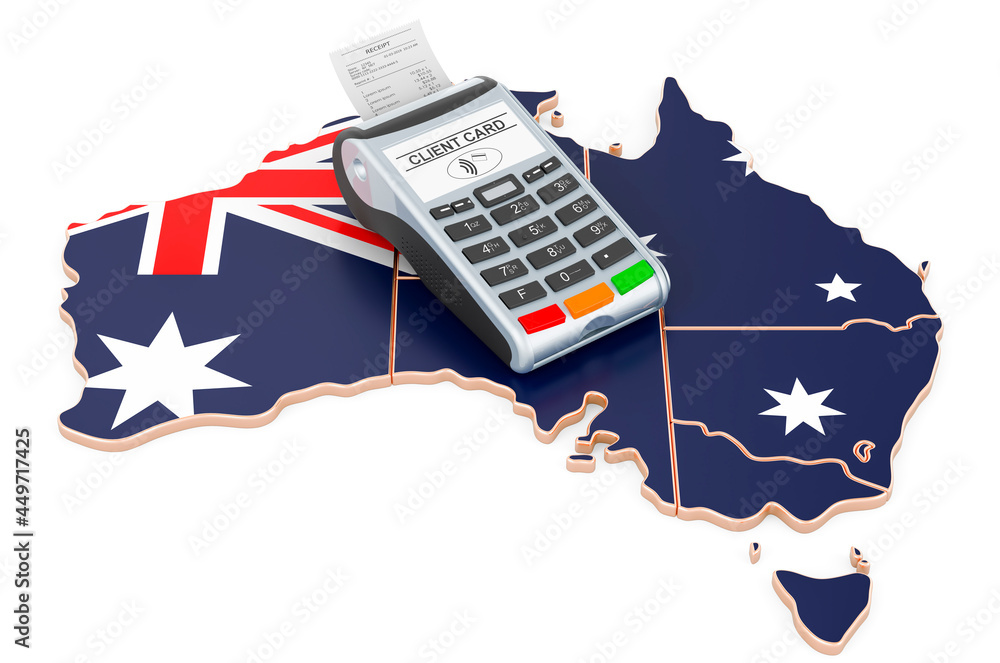 Poster australian map with pos terminal. cashless payments in australia concept. 3d rendering