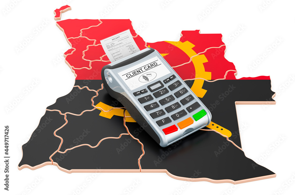 Poster Angolan map with POS terminal. Cashless payments in Angola concept. 3D rendering