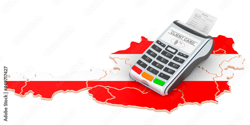Poster austrian map with pos terminal. cashless payments in austria concept. 3d rendering
