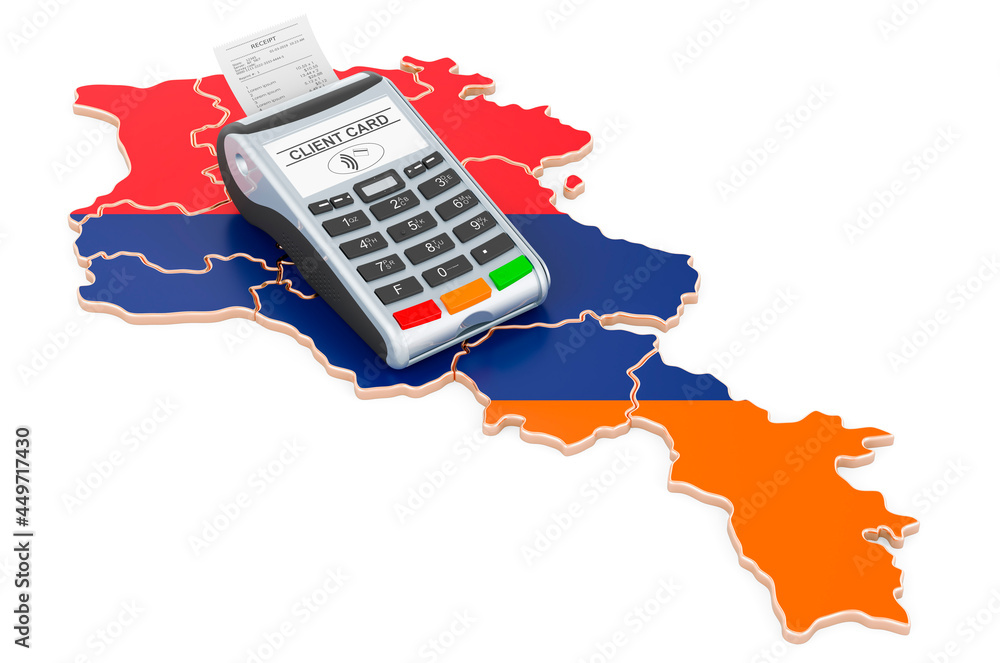 Poster armenian map with pos terminal. cashless payments in armenia concept. 3d rendering