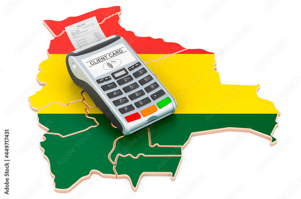 Poster bolivian map with pos terminal. cashless payments in bolivia concept. 3d rendering