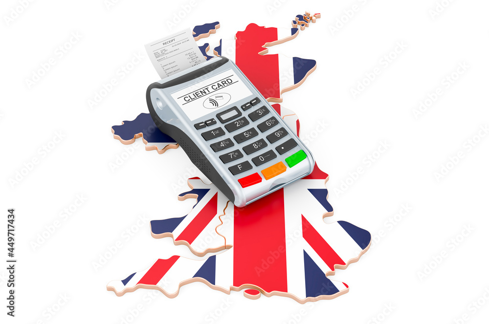 Poster british map with pos terminal. cashless payments in the great britain concept. 3d rendering