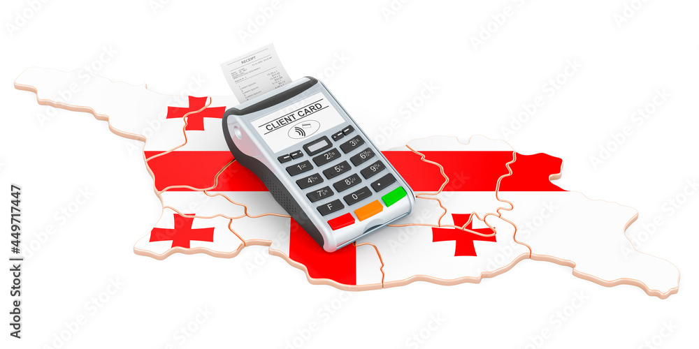 Poster georgian map with pos terminal. cashless payments in georgia concept. 3d rendering