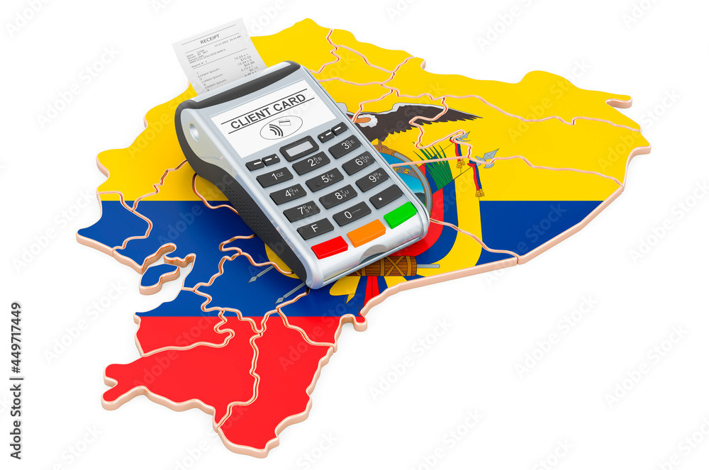 Poster ecuadorian map with pos terminal. cashless payments in ecuador concept. 3d rendering