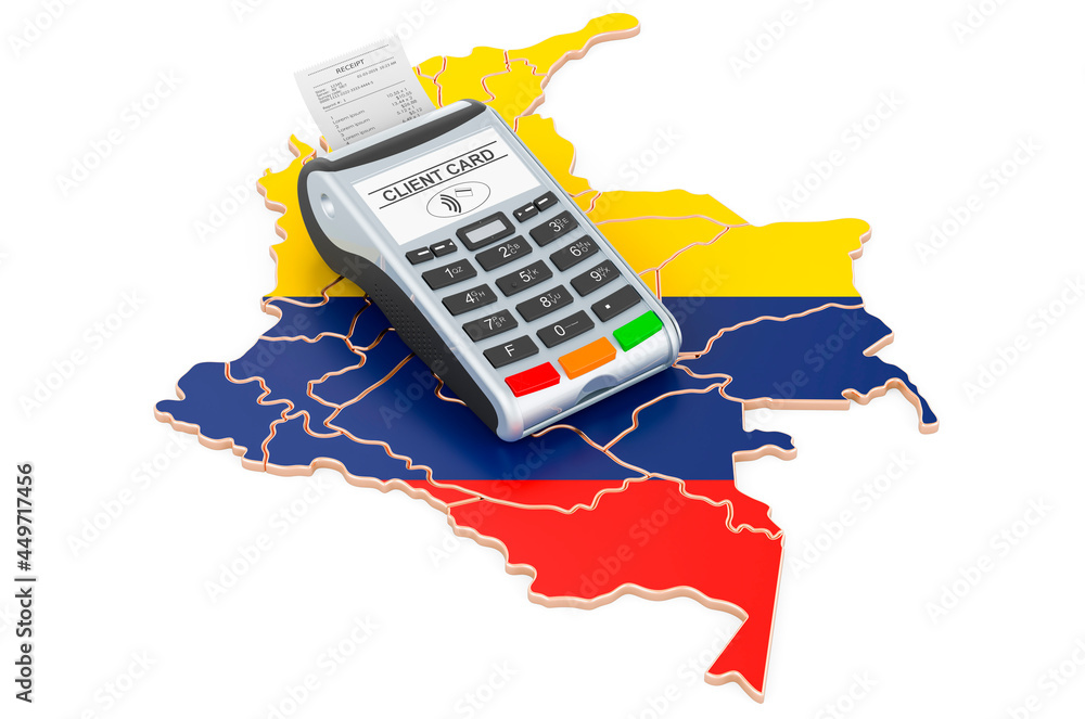 Poster colombian map with pos terminal. cashless payments in colombia concept. 3d rendering