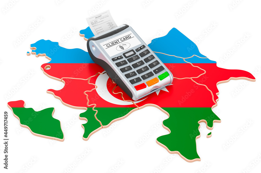 Poster azerbaijani map with pos terminal. cashless payments in azerbaijan concept. 3d rendering