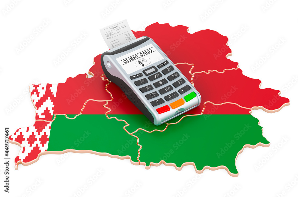 Poster belarusian map with pos terminal. cashless payments in belarus concept. 3d rendering