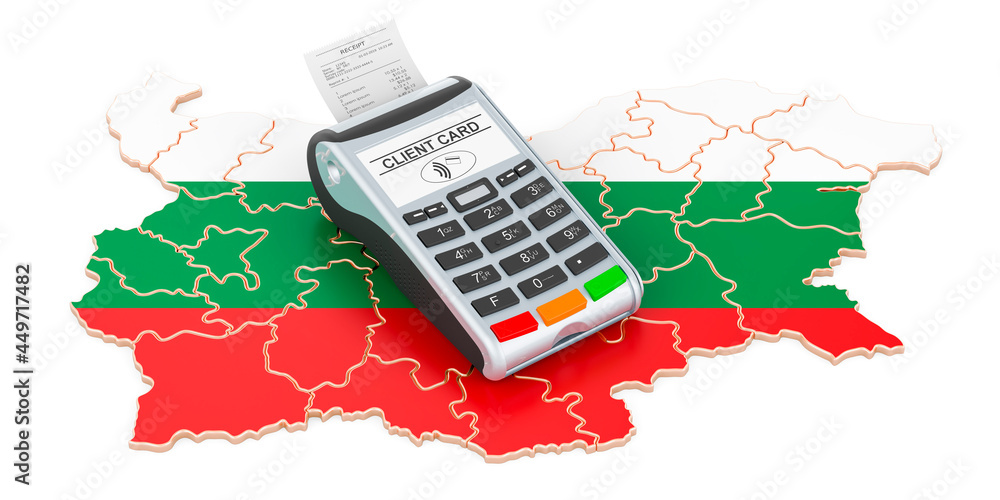 Poster bulgarian map with pos terminal. cashless payments in bulgaria concept. 3d rendering