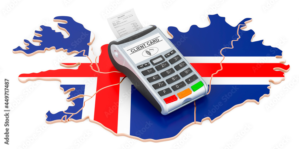 Poster icelandic map with pos terminal. cashless payments in iceland concept. 3d rendering