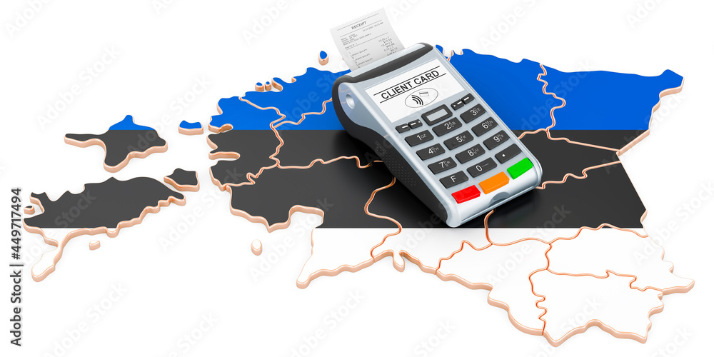 Poster estonian map with pos terminal. cashless payments in estonia concept. 3d rendering