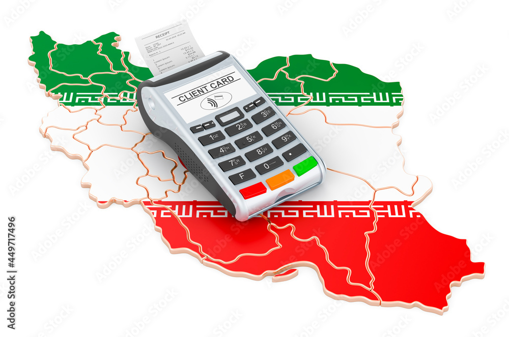 Poster iranian map with pos terminal. cashless payments in iran concept. 3d rendering